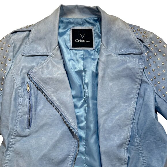 Studded Faux Leather Moto Jacket, Light Blue, Size M - Picture 3 of 7